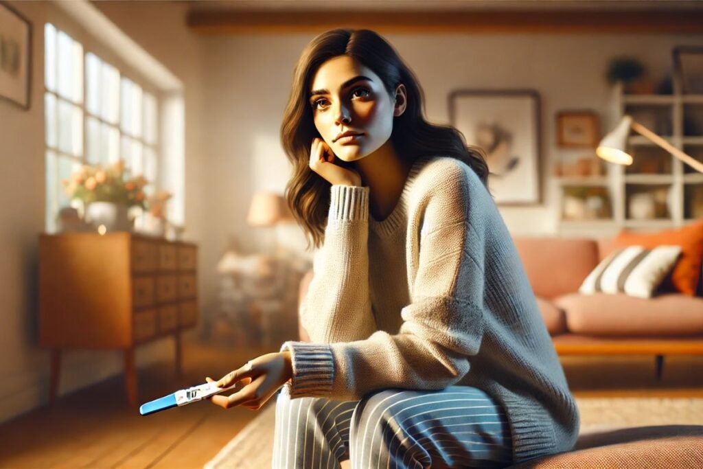 Mulher sentada em um sofá aconchegante, segurando um teste de gravidez, ilustrando dúvidas e reflexões sobre como saber se está grávida.