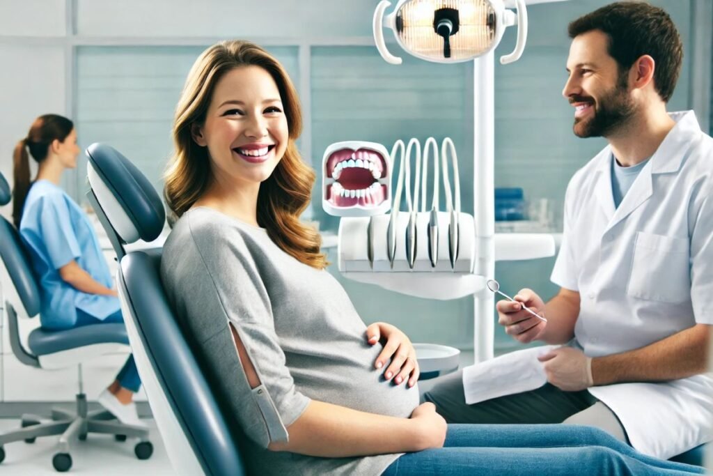 Gestante em uma clínica odontológica moderna, sentada em uma cadeira de dentista, sorrindo enquanto recebe orientações de um profissional de odontologia.