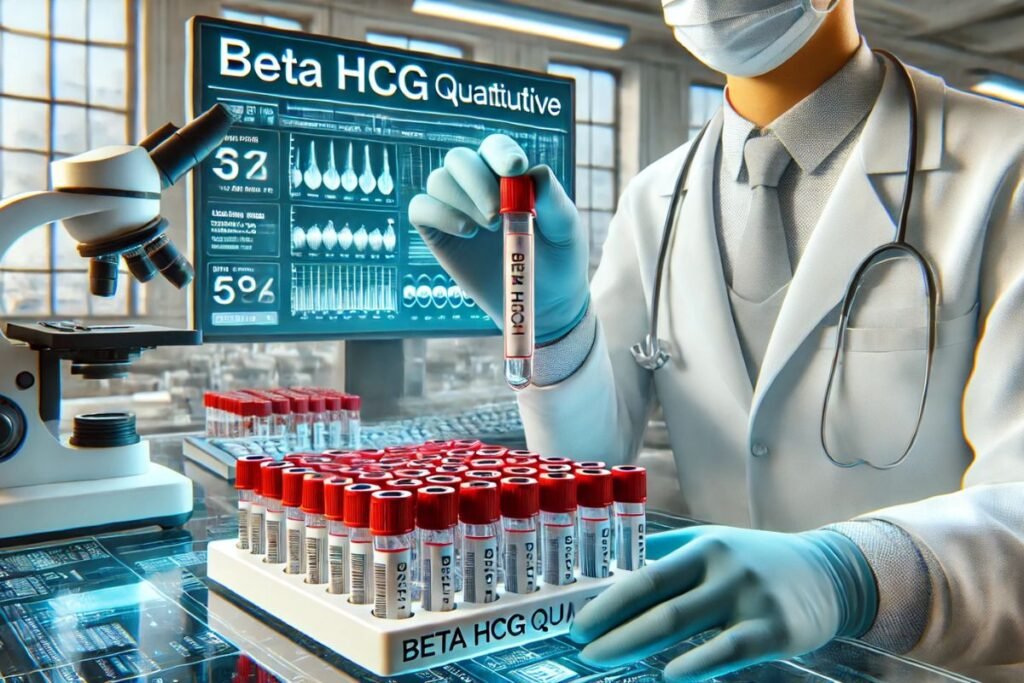 Imagem realista de um laboratório moderno com uma amostra de sangue rotulada como Beta hCG Quantitativo, destacando a importância desse exame para confirmar a gravidez.