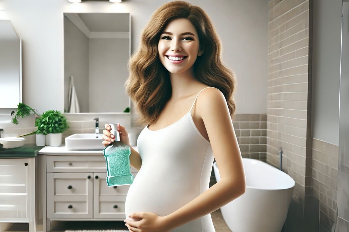 Imagem de uma gestante sorridente em um banheiro iluminado, segurando um frasco de enxaguante bucal enquanto cuida de sua saúde bucal durante a gravidez.