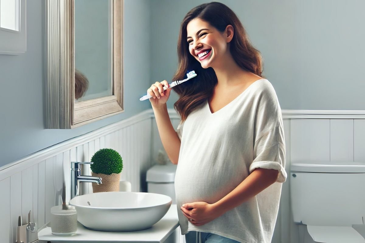 Mulher grávida escovando os dentes em um banheiro moderno e bem iluminado, com plantas decorativas ao fundo, transmitindo uma mensagem de cuidado com a saúde bucal na gravidez.