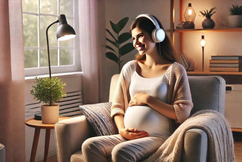 Grávida sorrindo enquanto escuta música com fones de ouvido colocados sobre a barriga, em uma sala acolhedora com iluminação suave.