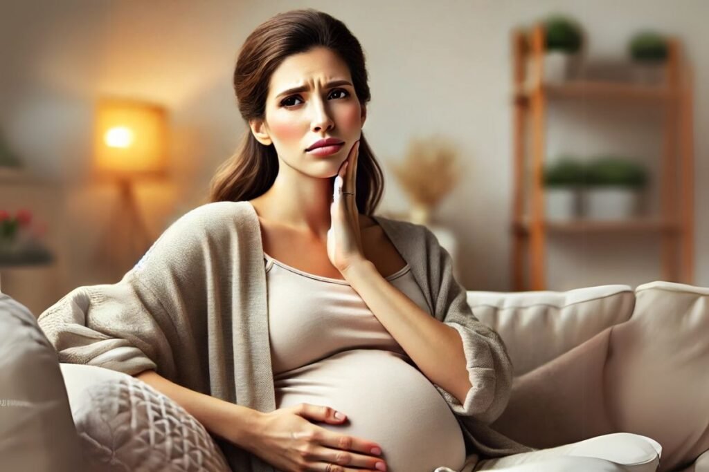 Mulher grávida sentada em um sofá, segurando a bochecha com expressão de desconforto, indicando dor de dente, em um ambiente acolhedor de casa.