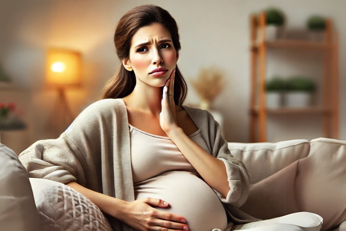 Mulher grávida sentada em um sofá, segurando a bochecha com expressão de desconforto, indicando dor de dente, em um ambiente acolhedor de casa.
