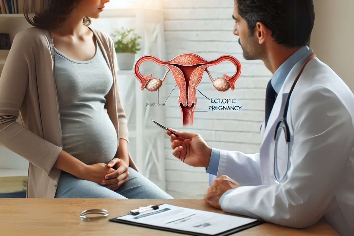 Mulher em consulta médica sobre preocupações na gravidez, com um médico explicando utilizando um diagrama do sistema reprodutivo feminino.