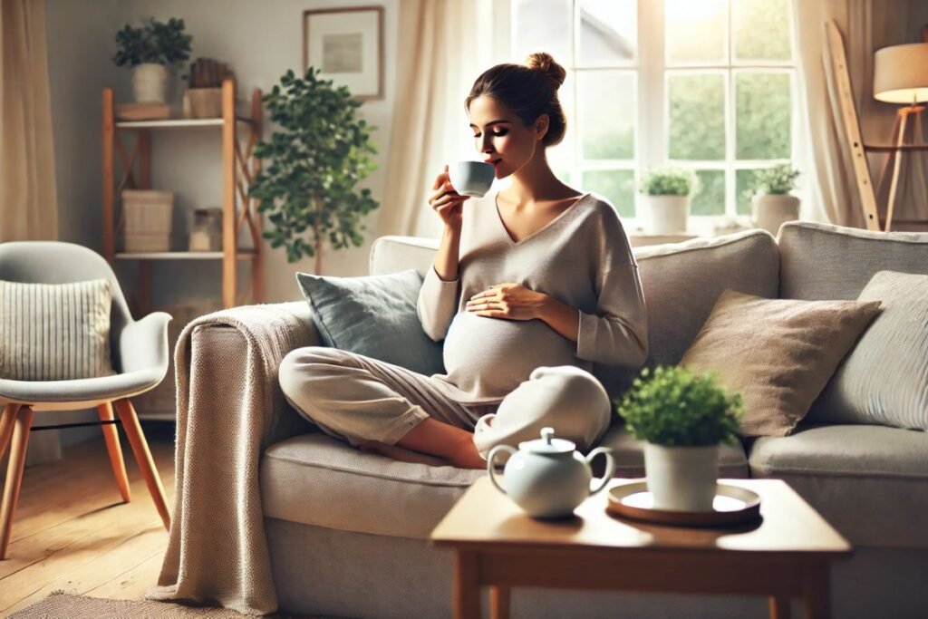 Grávida relaxando enquanto toma um chá saudável e delicioso, destacando os benefícios dos chás para gestantes.