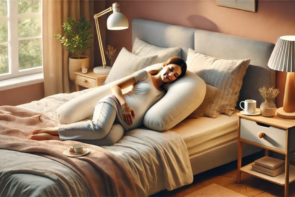 Grávida dormindo confortavelmente em uma cama, apoiada por um travesseiro de gravidez, em um quarto aconchegante com iluminação suave.